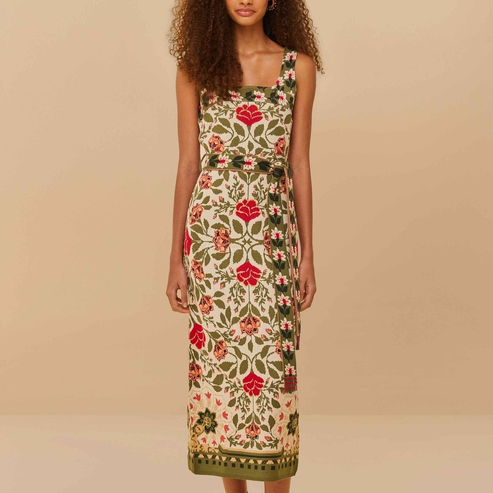 FARM Rio Sand Garden Tapstry Knit Cream Midi Dress with Green & Red Floral Print - Picture 1 of 4